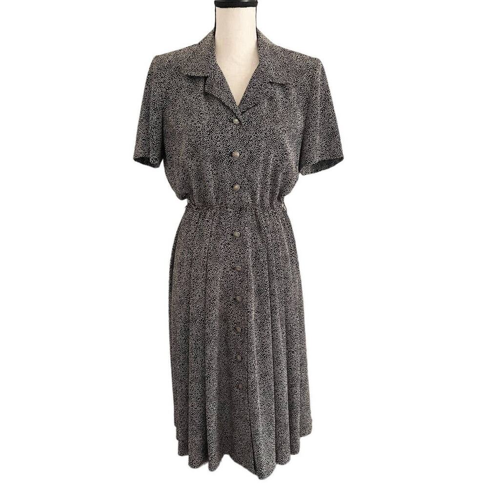 NWT Vintage Leslie Fay Button Down Dress 8 Petite Black Ivory Shoulder Pads